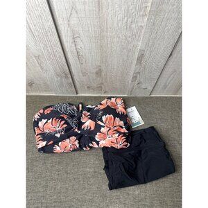 Womens Large Floral Tankini Swimsuit 2 pc Set With Boyshorts Black & Coral